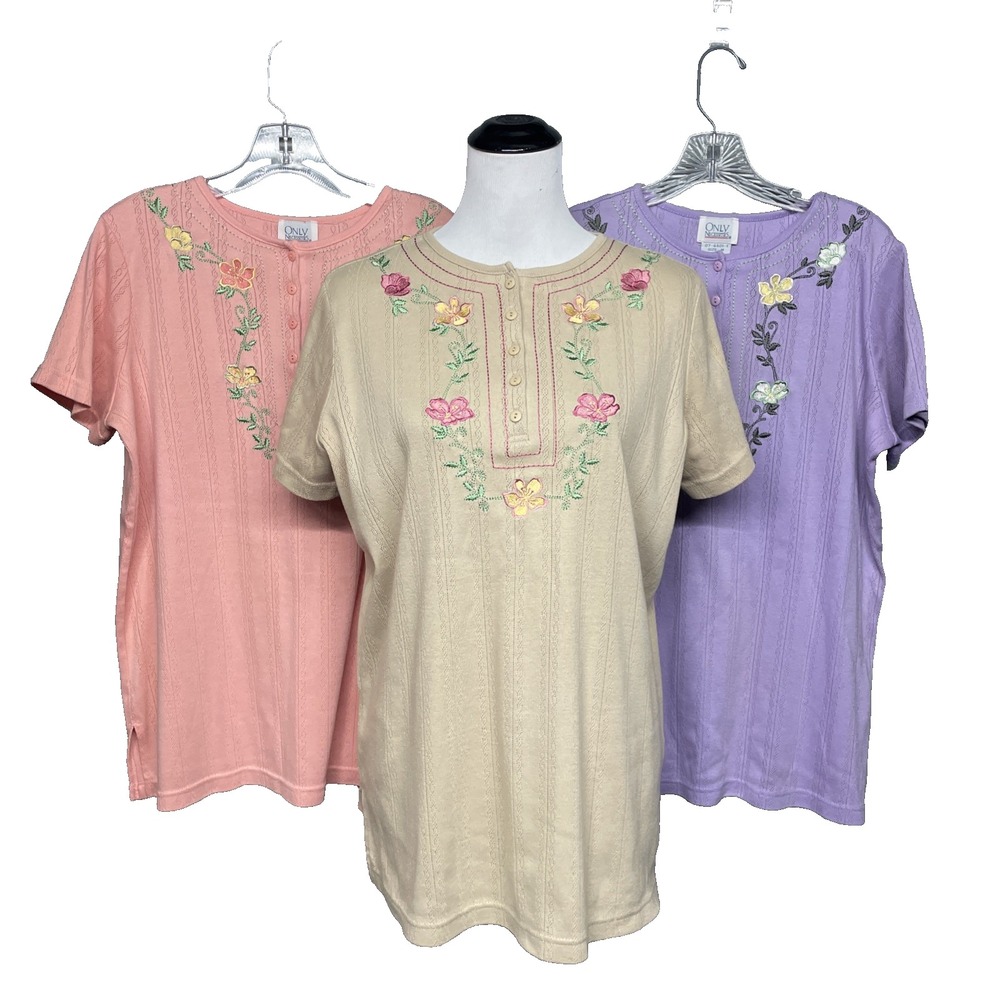 VTG Only Necessities Womens M Embroidered Pointelle Henley Tops Lot of 3 Cottage